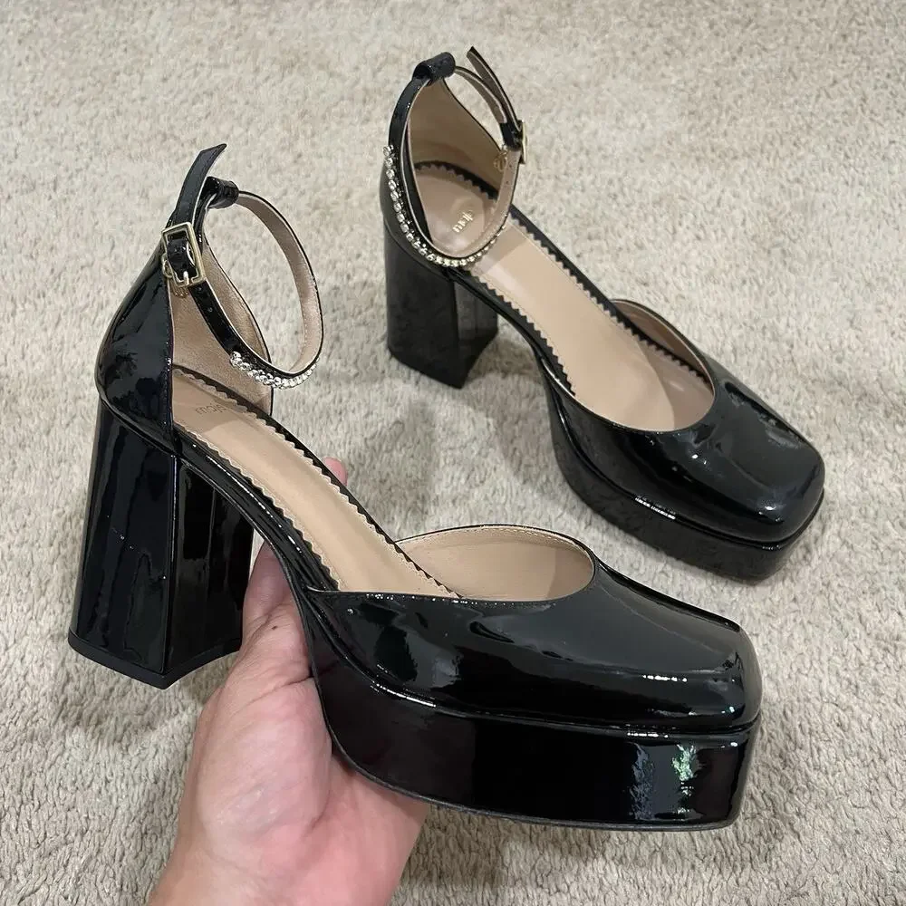 Maje Patent Leather Platform Black Heels size 38 Rhinestone Ankle Y2K Retro